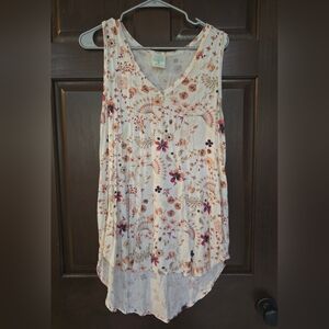 Freeloader Cream Floral V-Neck Tank Top Tunic with Pink & Navy Accents Size L